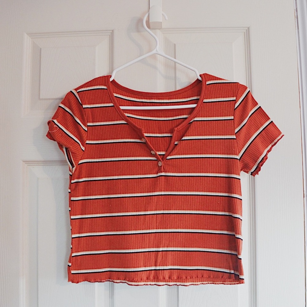 Notched Neck Striped Ribbed Tee